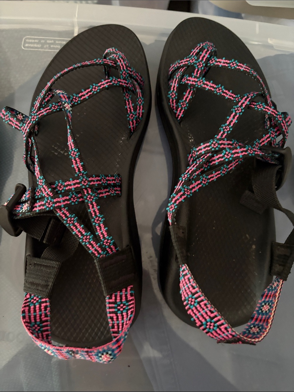 Chaco Black Sandals with Pink and Teal Straps